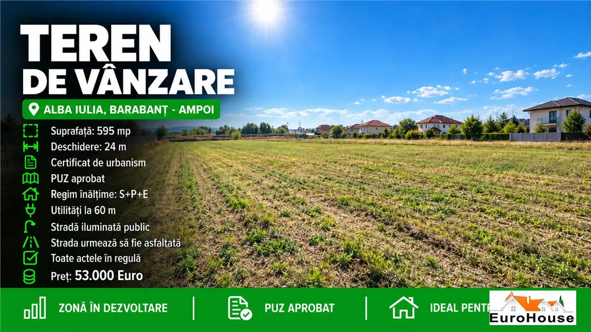 Teren intravilan de vânzare în Alba Iulia, 595 mp, certificat de urbanism, PUZ aprobat, fotografia 1