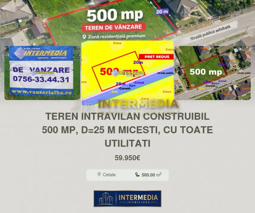 Teren intravilan construibil 500 mp, d=25 m Alba-Micesti, cu toate utilitati, fotografia 1