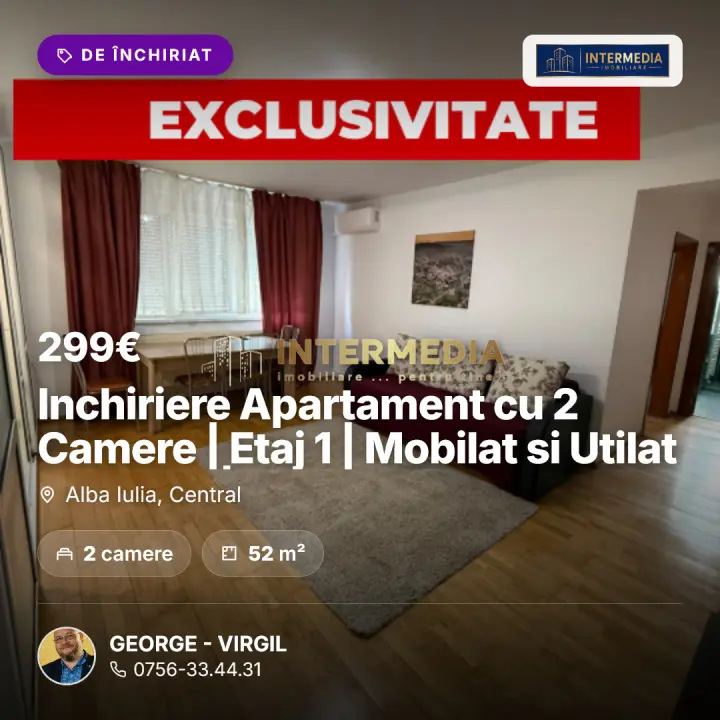 Inchiriere Apartament cu 2 Camere, Etaj 1, Mobilat si Utilat Complet, Central, fotografia 1