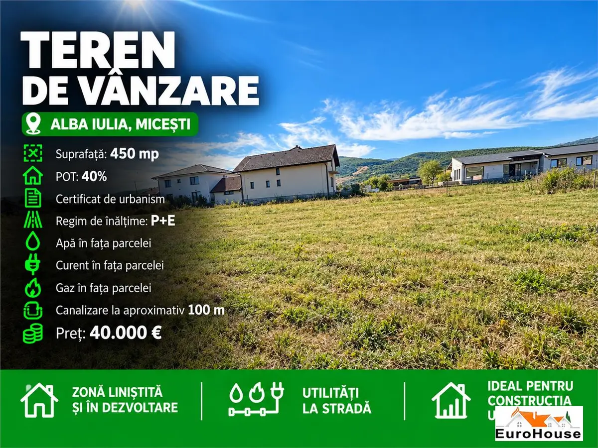 Teren intravilan de vânzare în Alba Iulia, Micești, 450 mp, 16 m deschidere, fotografia 1