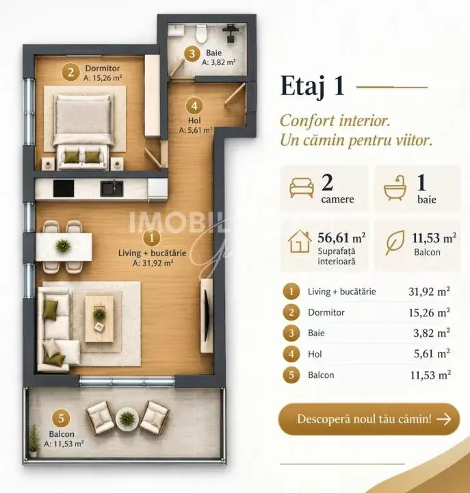 Apartament cu 2 camere, etaj 1, 56 mp utili plus balcon, zona Cetate, fotografia 2