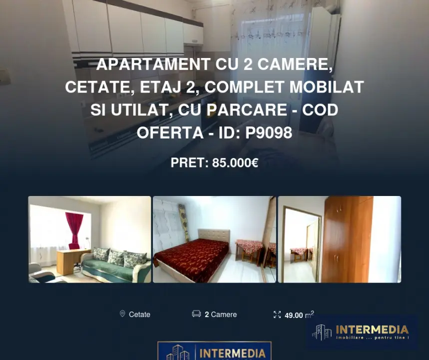 Apartament cu 2 camere în zona Cetate, etaj 2, mobilat și utilat, cu parcare, fotografia 1
