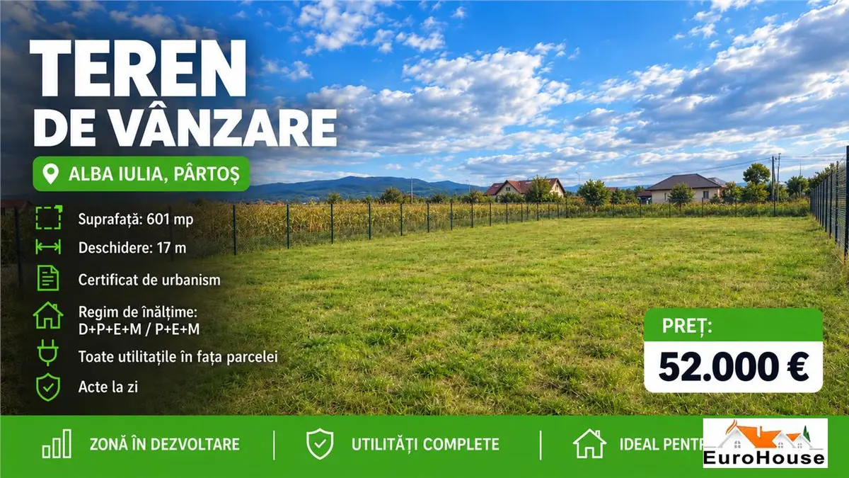 Teren intravilan de vânzare în Alba Iulia, zona Partoș, 601 mp, cu utilități, fotografia 1