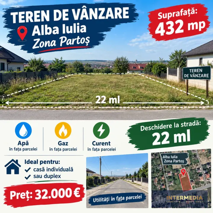 Teren intravilan 432 mp, cu apă, gaz și curent, deschidere la stradă 22 ml, fotografia 1